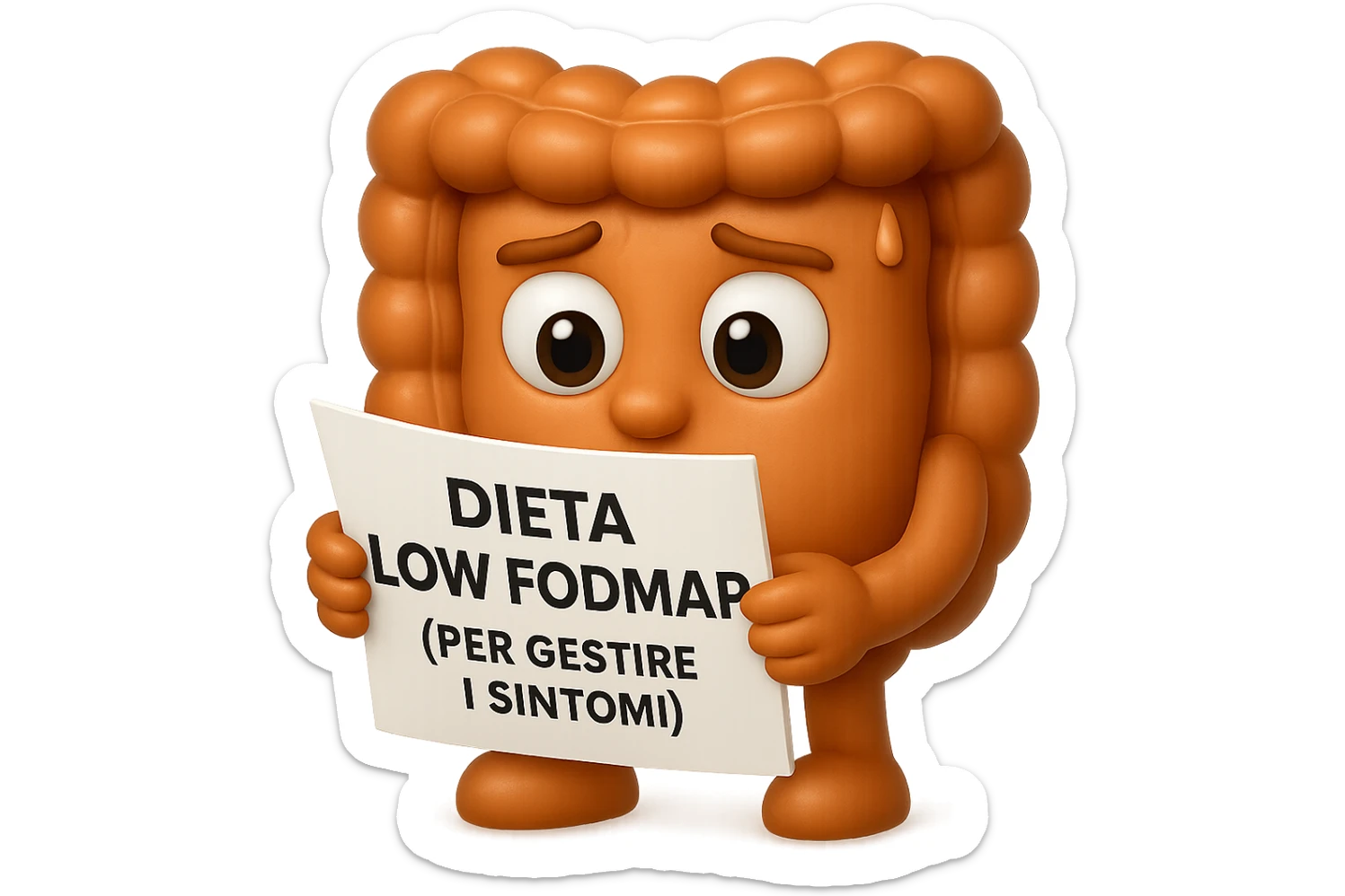 EMOJI STILE IPHONE DI UN INTESTINO UMANO ANATOMICO CHE GUARDA UN FOGLIO CON LA SCRITTA "DIETA LOW FODMAP (PER GESTIRE I SINTOMI)", FAGLI ANCHE LA PARTE BIANCA DEGLI OCCHI, NON SOLO LE PUPILLE, IPERREALISTICO 4K sticker