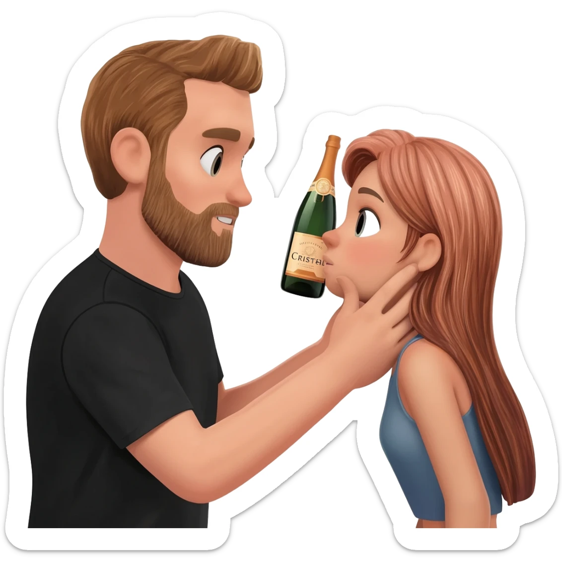 a man in black t-shirt he grabbed a girl's chin and pulled her face to the bottle of Cristal sticker