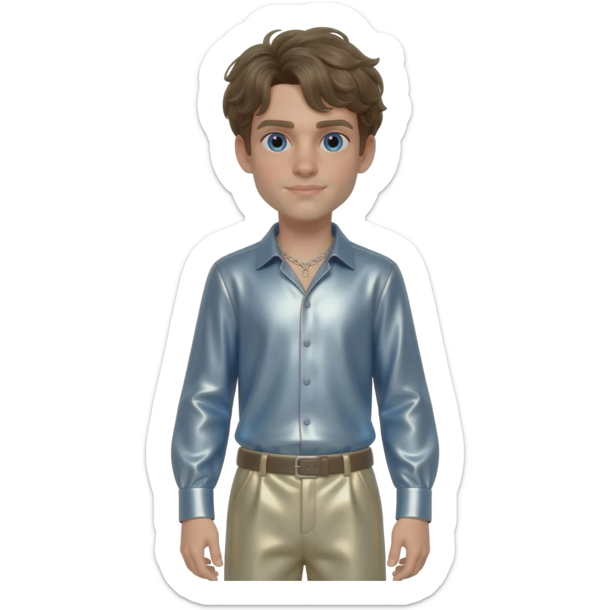 Brady Corbet with blue eyes, dark blonde hair, light steel blue metallic shirt, beige metallic baggy pants, silver necklace sticker
