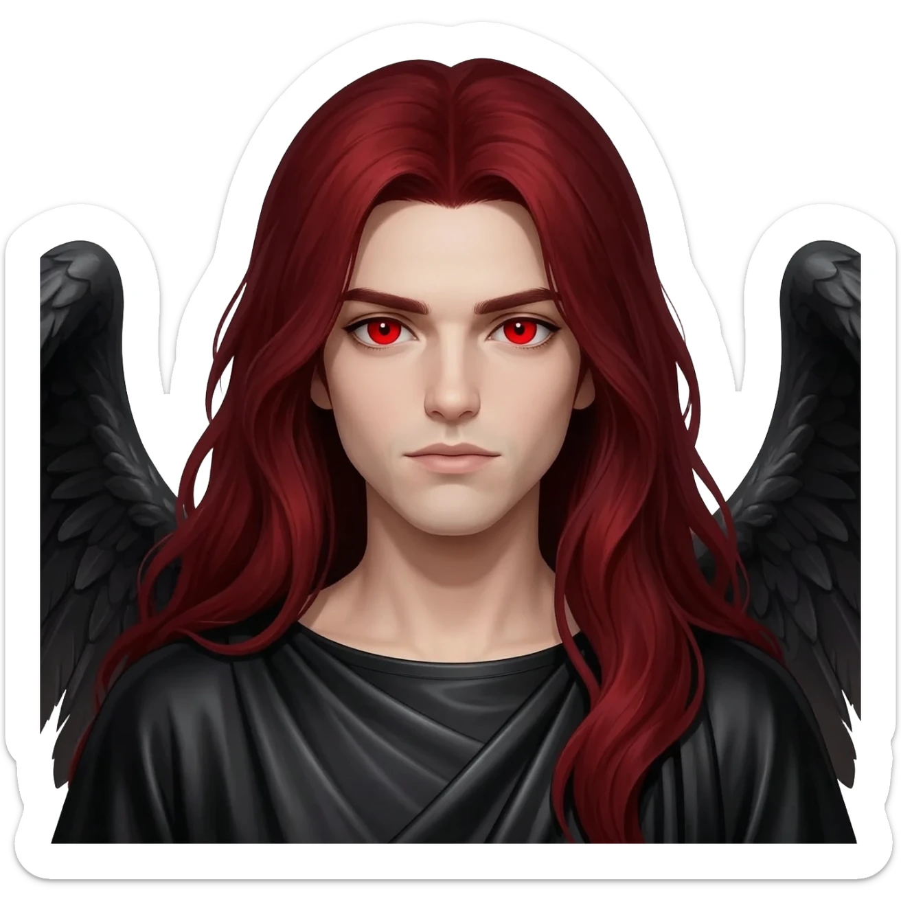 Fallen Angel from Christian Mythology with red eyes, long dark red hair, black metallic toga sticker