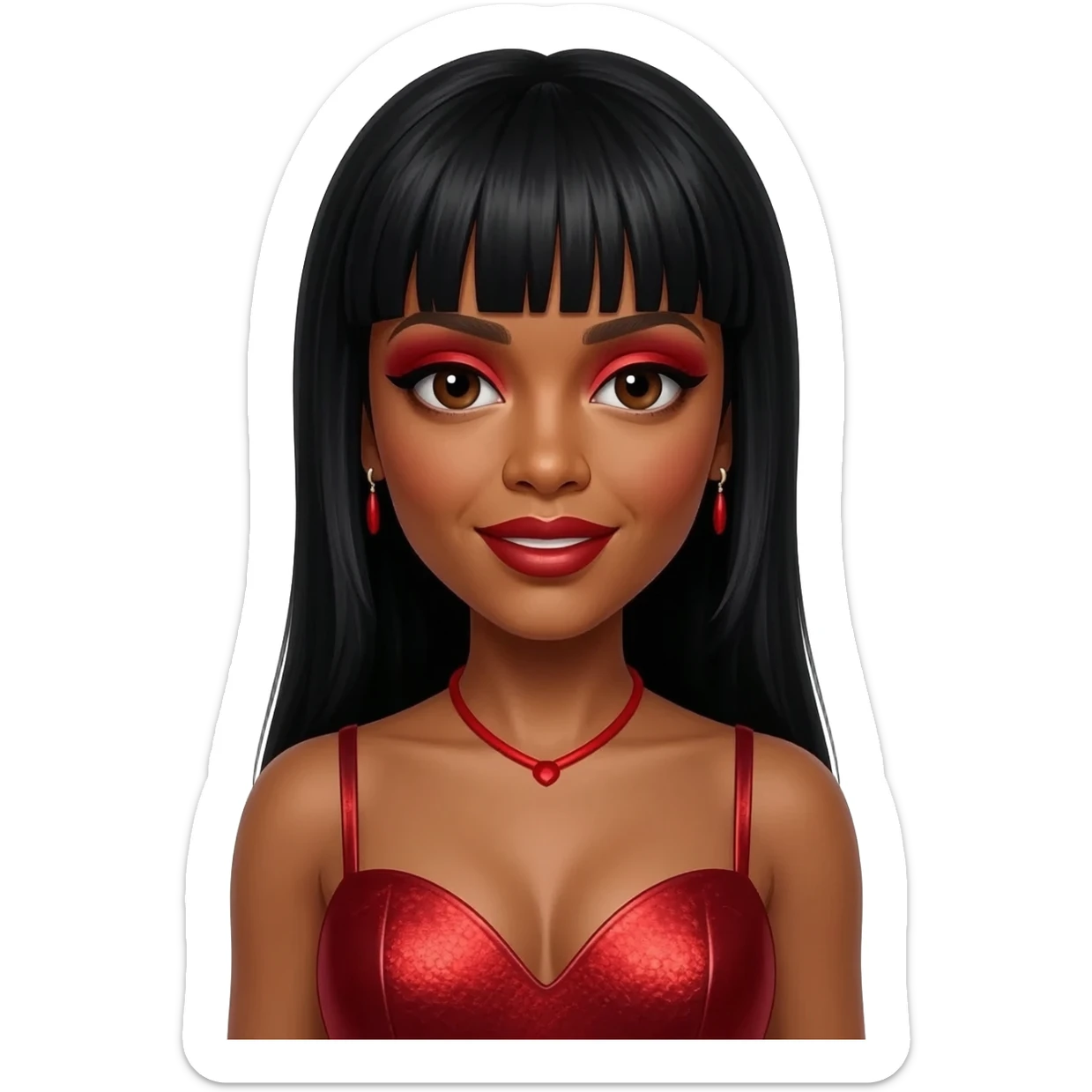 Kelly Rowland with dark brown eyes, red eyeshadow and lipstick, long black straight hair with bang, red metallic sweetheart dress, red necklace and earrings sticker