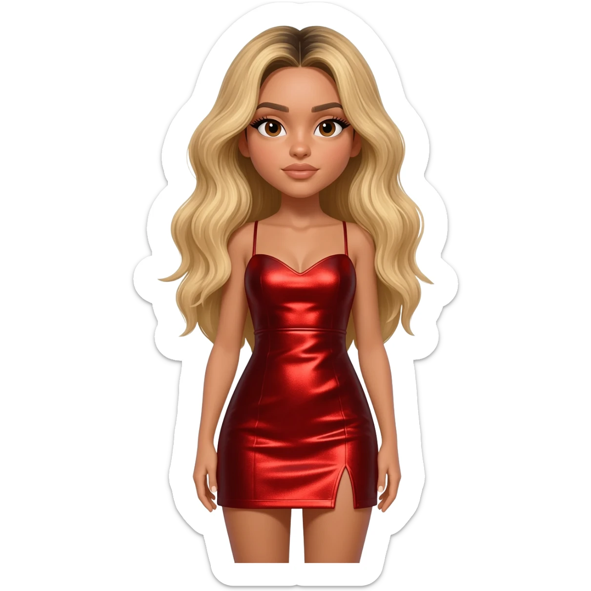 Lele Pons with light skin, long blonde hair, red metallic short dress sticker