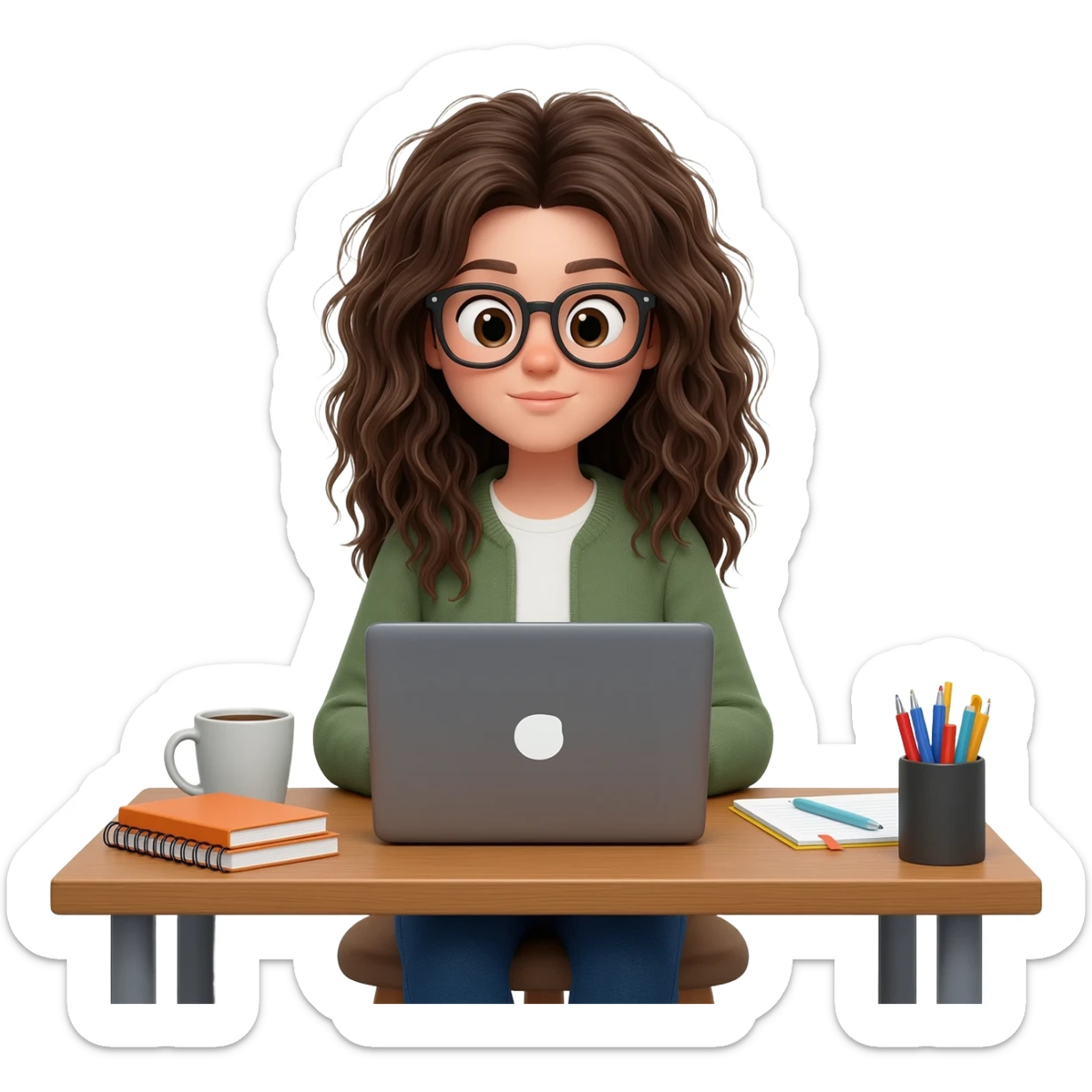 girl with messy long  hair and glasses working from home  on PC sticker