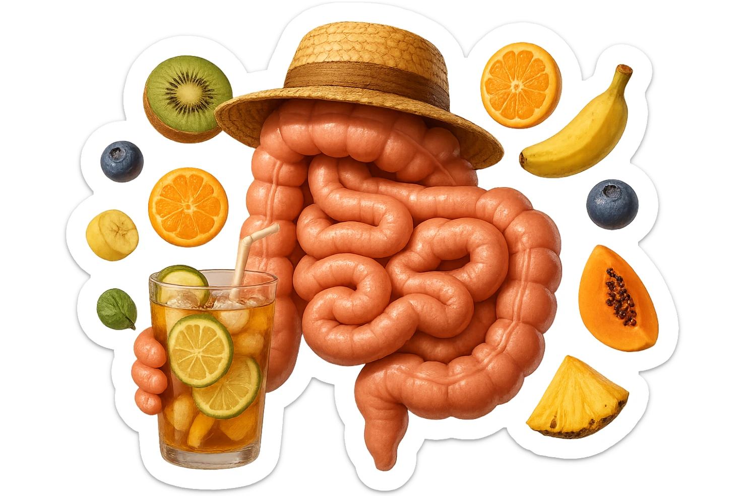 EMOJI STILE IPHONE DI INTESTINO UMANO REALISTICO CON CAPPELLO DI PAGLIA DA SPIAGGIA CHE BEVE UN Tè FREDDO IN BICCHIERE DI VETRO CON DENTRO  fette di cetriolo, limone, lime, DIETRO L'INTESTINO FLUTTUANO PEZZETTI DI Kiwi
Banana acerba
Arance e mandarini
Mirtilli
Ananas
Papaya
IPERREALISTICO 4K sticker
