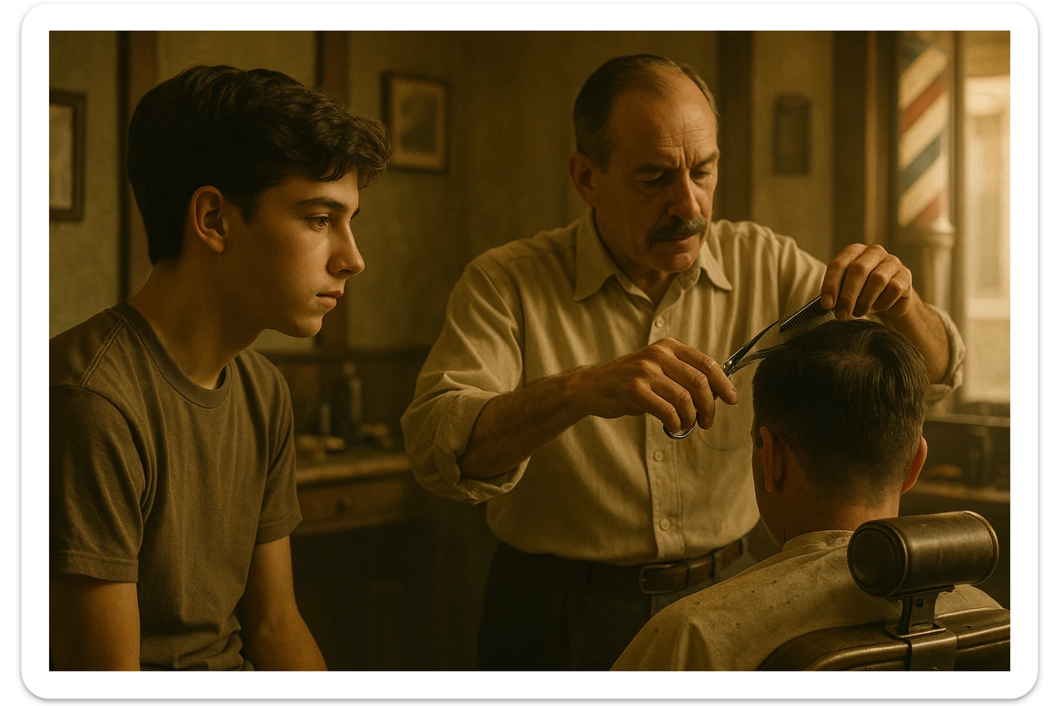 sartaroshxonada ishlayotgan o'smirin bola usta soch olayotganini kuzatib turibdi sticker