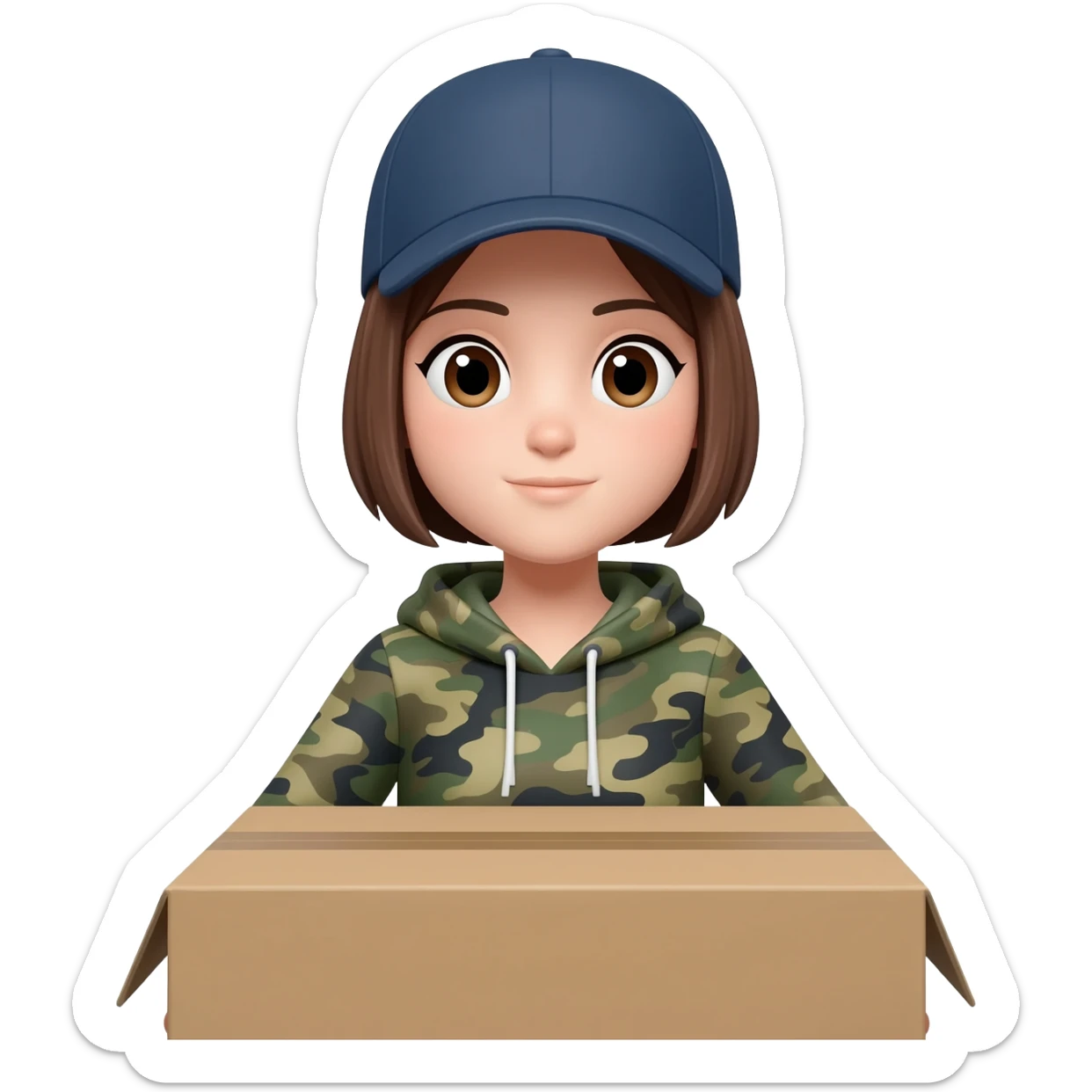 A girl with short hair wearing a baseball hat and a camo hoodie carrying a box sticker