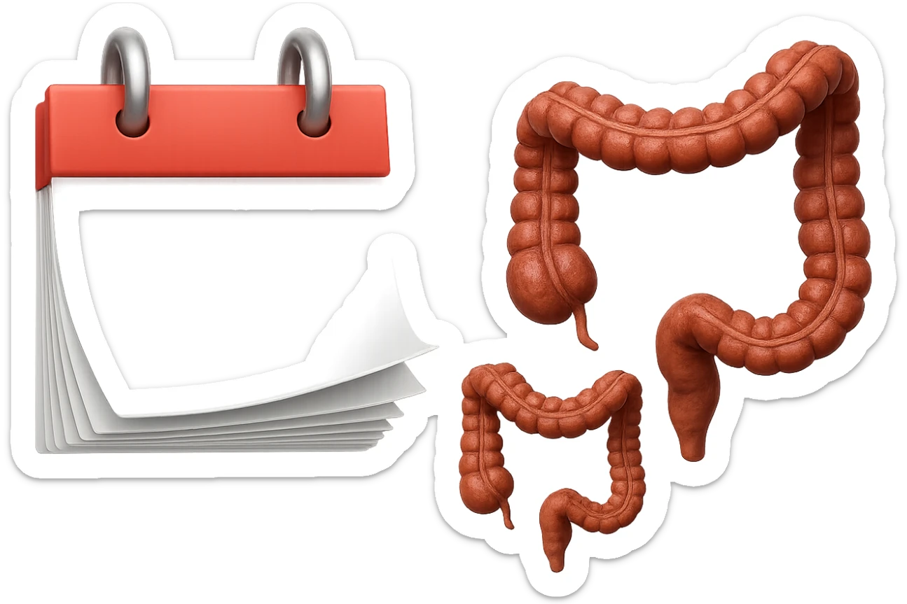 emoji stile iphone di un calendario con fogli che volano insieme a pezzi anatomici di colon umano, iperrealistico 4k, isolato su sfondo bianco sticker
