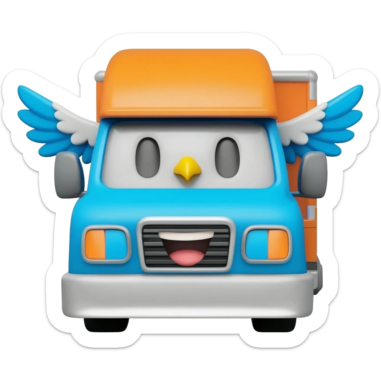 cute delivery truck with tiny eagle wings, friendly logistics emoji mascot, blue and orange colors, clean flat emoji style sticker