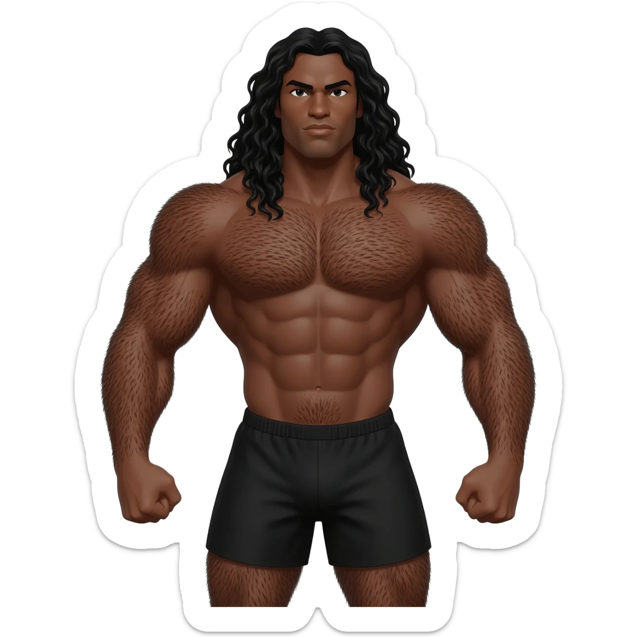 Superhero black male look superstrong black shorts very hairy long black bear and hair big arms no shirt full body size sticker