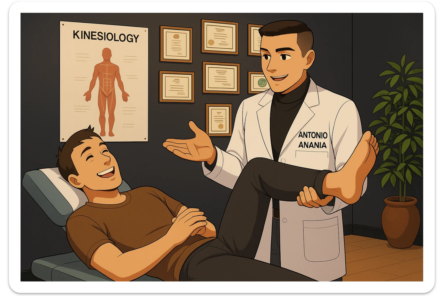 su questo lettino rappresenta un webtoon manga a colori con questo stile, in cui un uomo è steso sul lettino medico e il kinesiologo con il camice bianco (fagli anche la scritta "ANTONIO ANANIA" SUL CAMICE, gli solleva una gamba per fargli il test neuromuscolare, IL KINESIOLOGO SPIEGA ALL'UOMO UNA cosa mentre gli alza la gamba. l'espressione dell'uomo è felice e soddisfatta, non fare i fumetti però, fai solo in modo che sembri stiano parlando sticker