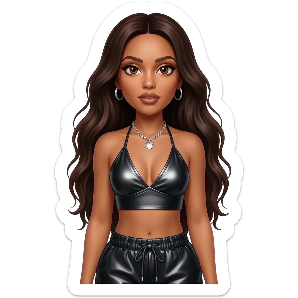 Aaliyah with brown eyes, long dark brown hair, black metallic halter crop top, black metallic baggy pants, silver necklace sticker