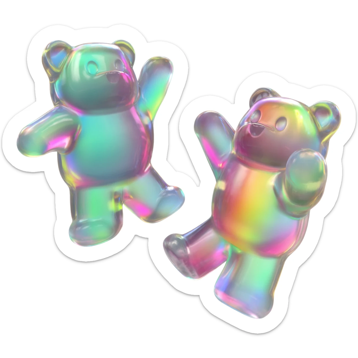 a hyper-realistic 3D rendering of a translucent, 2 holographic iridescent gummy bear mid-bounce, its plump body captured in dynamic motion as if frozen in time. The candy's surface refracts light like real gelatin, with sticky highlights gleaming along its curved edges and subtle sugar granules  sticker