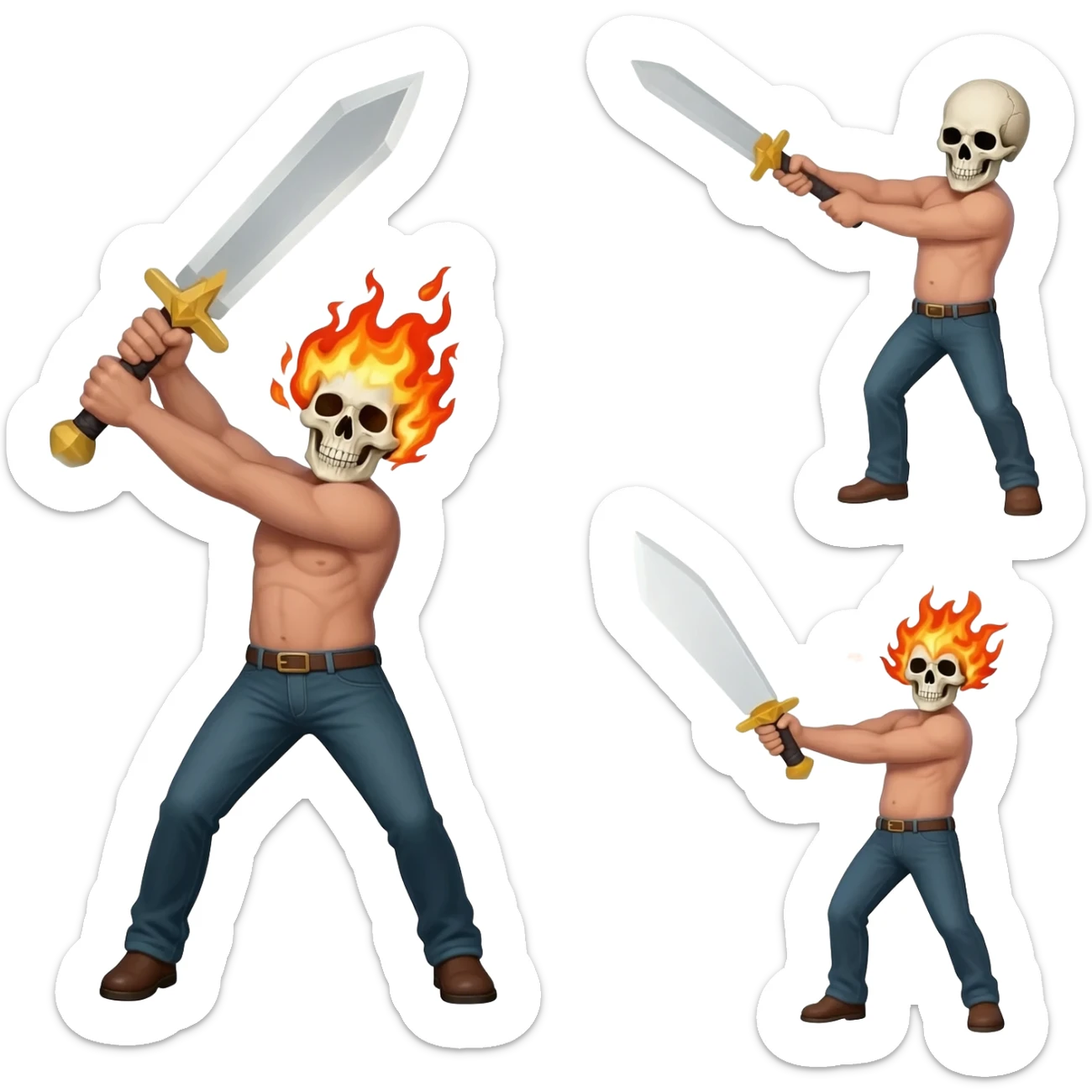 A sprite sheet of a man with a burning skull head, show the 4 stages of him swinging his large sword sticker