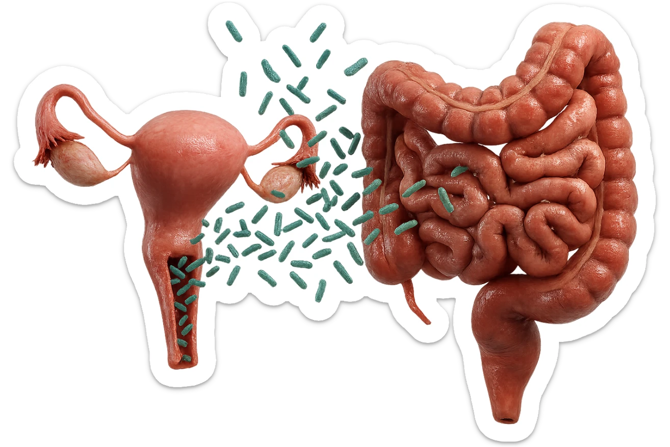 UTERO UMANO E INTESTINO ANATOMICI REALISTICI SONO UNO ACCANTO ALL'ALTRO E SI PASSANO I BATTERI A VICENDA, CON BATTERI CHE ESCONO DALL'INTERNO, IPERREALISTICO 4K, NON DISEGNATO sticker
