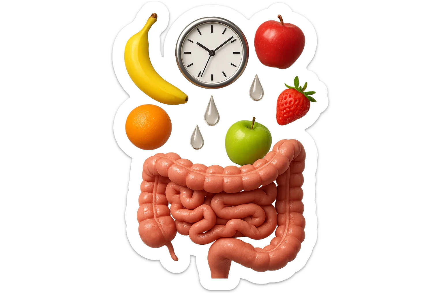 frutta mista cade dall'alto verticalmente insieme a 3 gocce di acqua 3d e un orologio da parete, davanti a questi elementi c'è un intestino umano anatomico iperrealistico sticker
