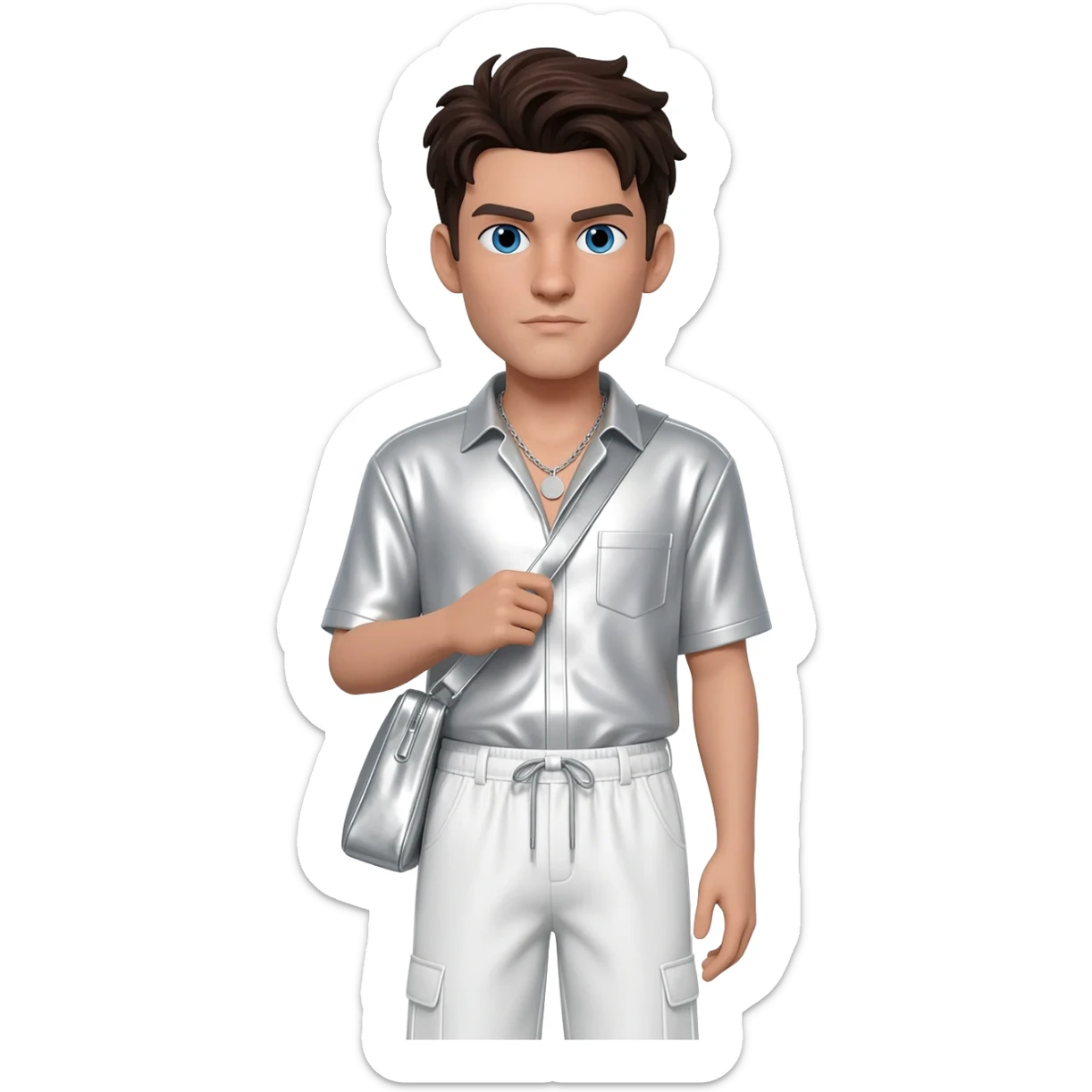 Preston Lacy with blue eyes, dark brown hair, white metallic shirt, white metallic baggy pants, silver necklace sticker