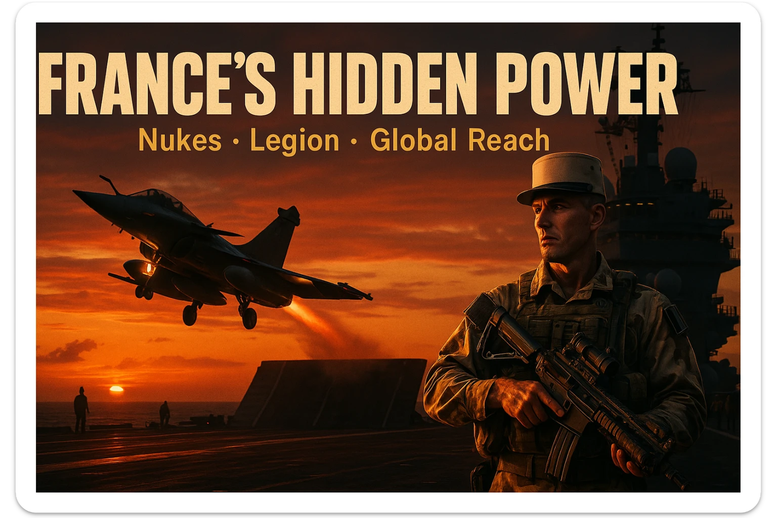 Cinematic dusk, 16:9: Rafale jet launches from Charles de Gaulle carrier, orange sunset. Foreground: Legionnaire in desert camo, holding advanced rifle. Bold tricolor headline: ‘FRANCE’S HIDDEN POWER’. Subtext: ‘Nukes • Legion • Global Reach’. 8K, epic style, cinematic and dramatic lighting. sticker