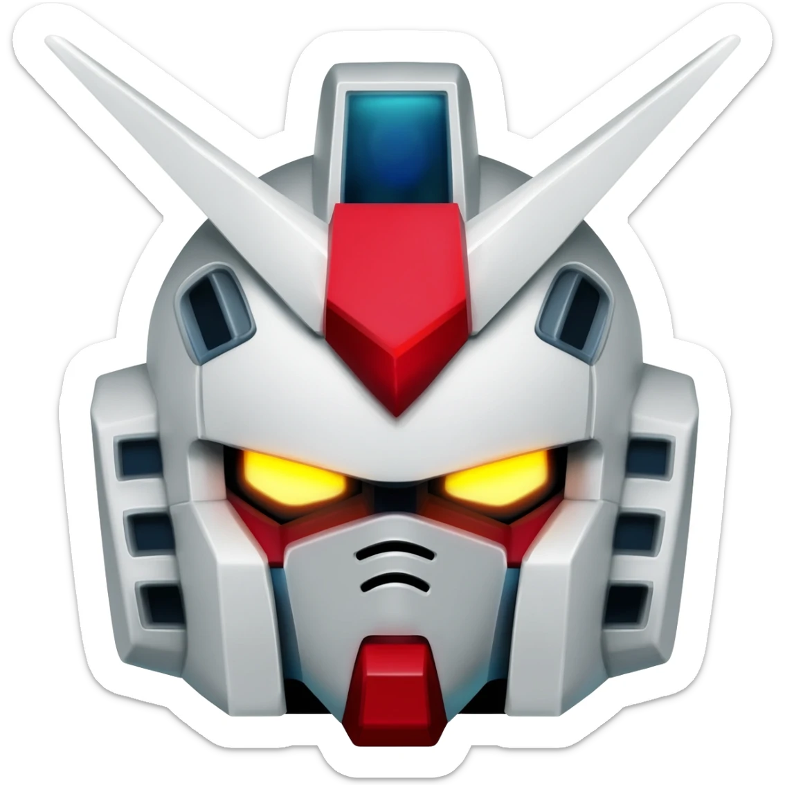 Gundam head emoji, RX-78-2 style, intense glowing eyes, detailed mecha helmet with V-fin, metallic white red and blue color scheme, sharp angular design, flat icon style, high detail sticker