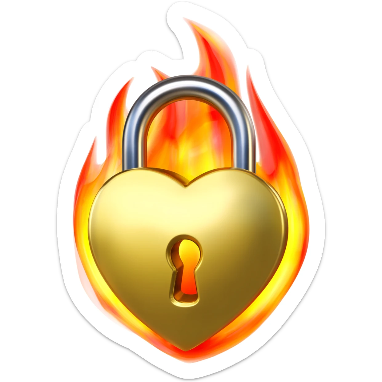 Emoji-style icon of a heart-shaped padlock made of shiny gold metal, with a keyhole in the center. Flames burning inside the heart and around it in yellow, orange, and red. Clean vector emoji design, glossy highlights, vibrant colors, centered, square format, white or transparent background. sticker