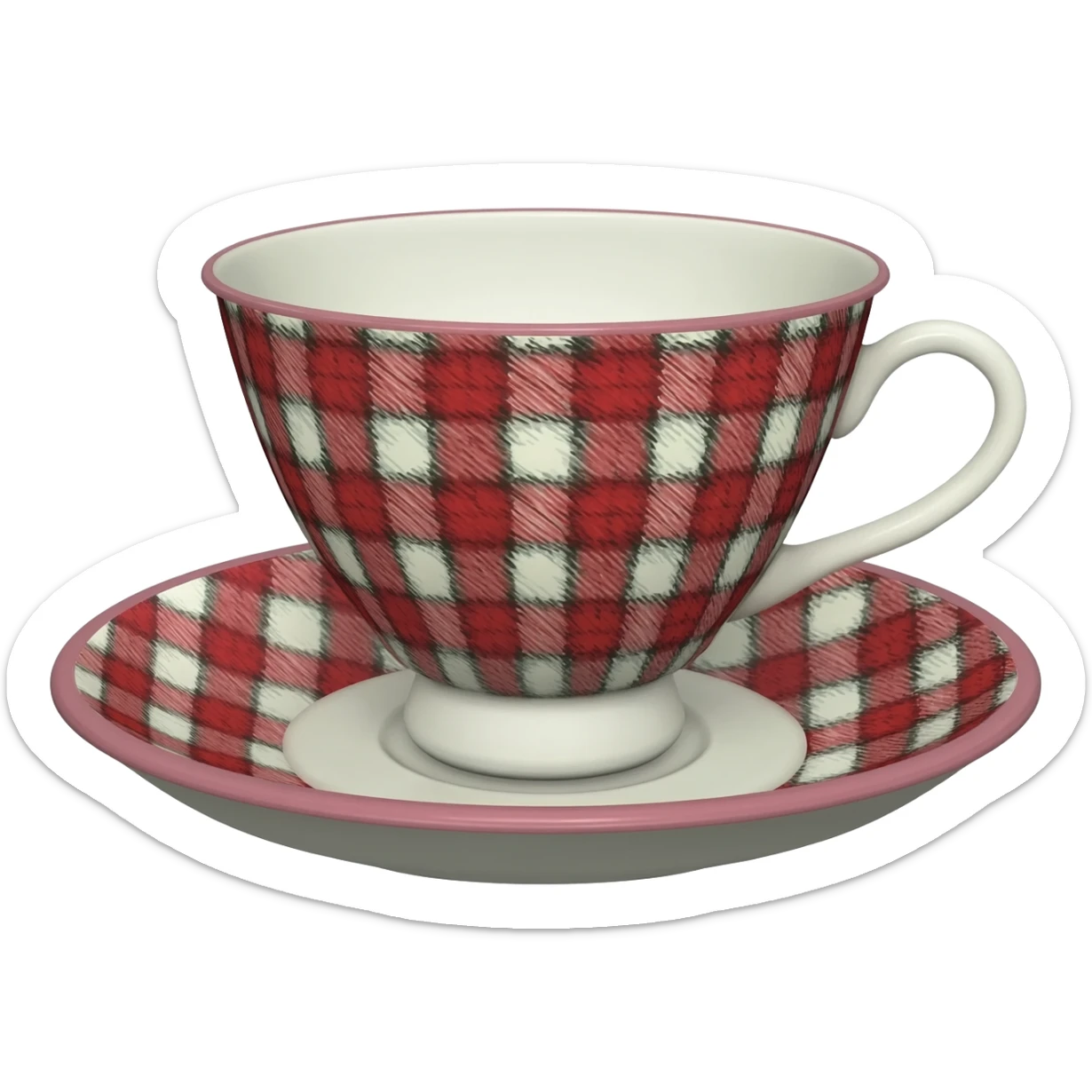 Hyperrealistic 3d rendering gingham plaid print detailed tea cup, with a gingham plaid saucer, that has a vintage vibe, 8k hd, 600 dpi, still life sticker