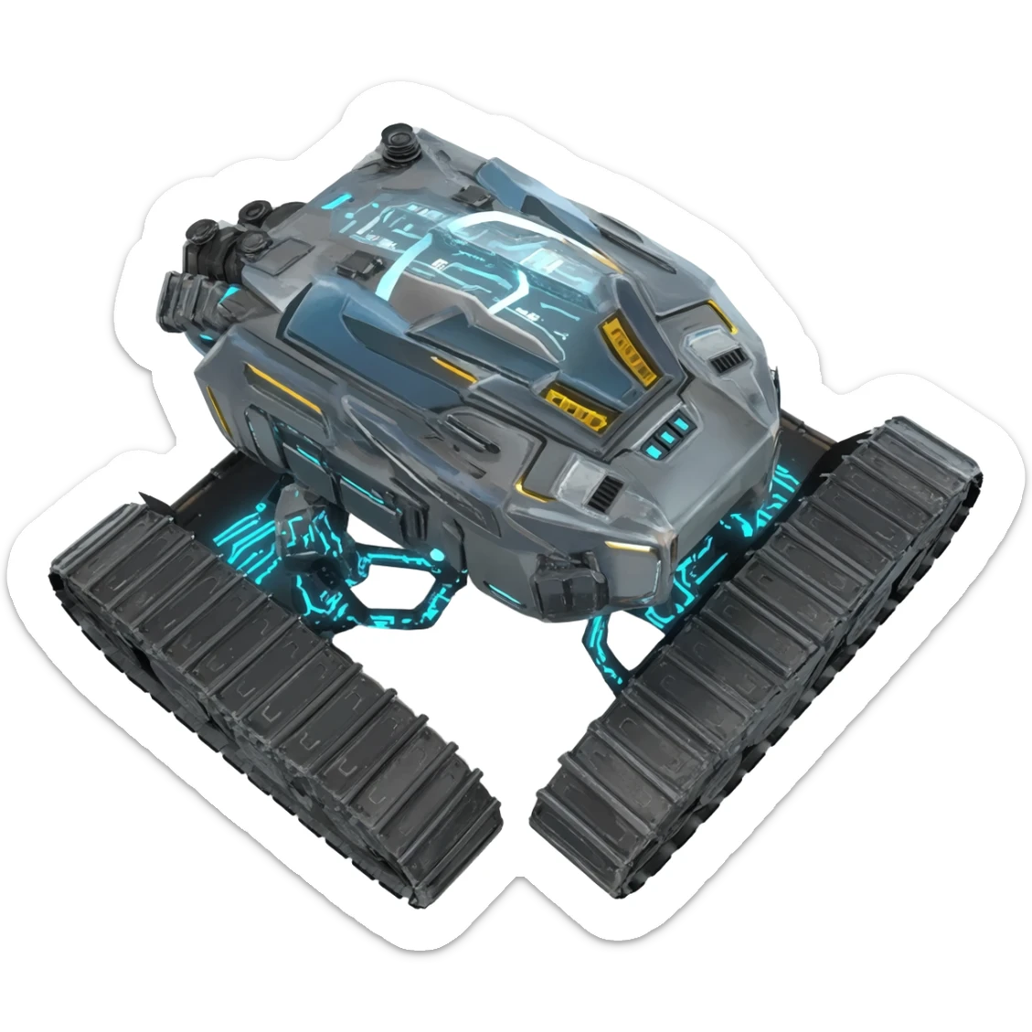 A top down view of a robot with tank tracks, in a cyber punk futuristic style far beyond what is currently available today, from the year 3000, the camera needs to be directly above the robot looking down sticker