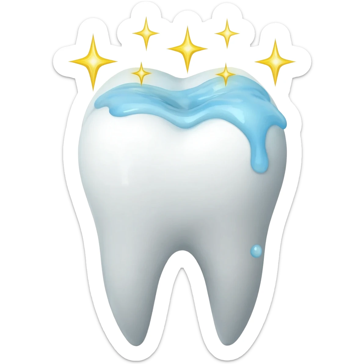 A tooth being washed and giving off golden shinning stars from the crown sticker