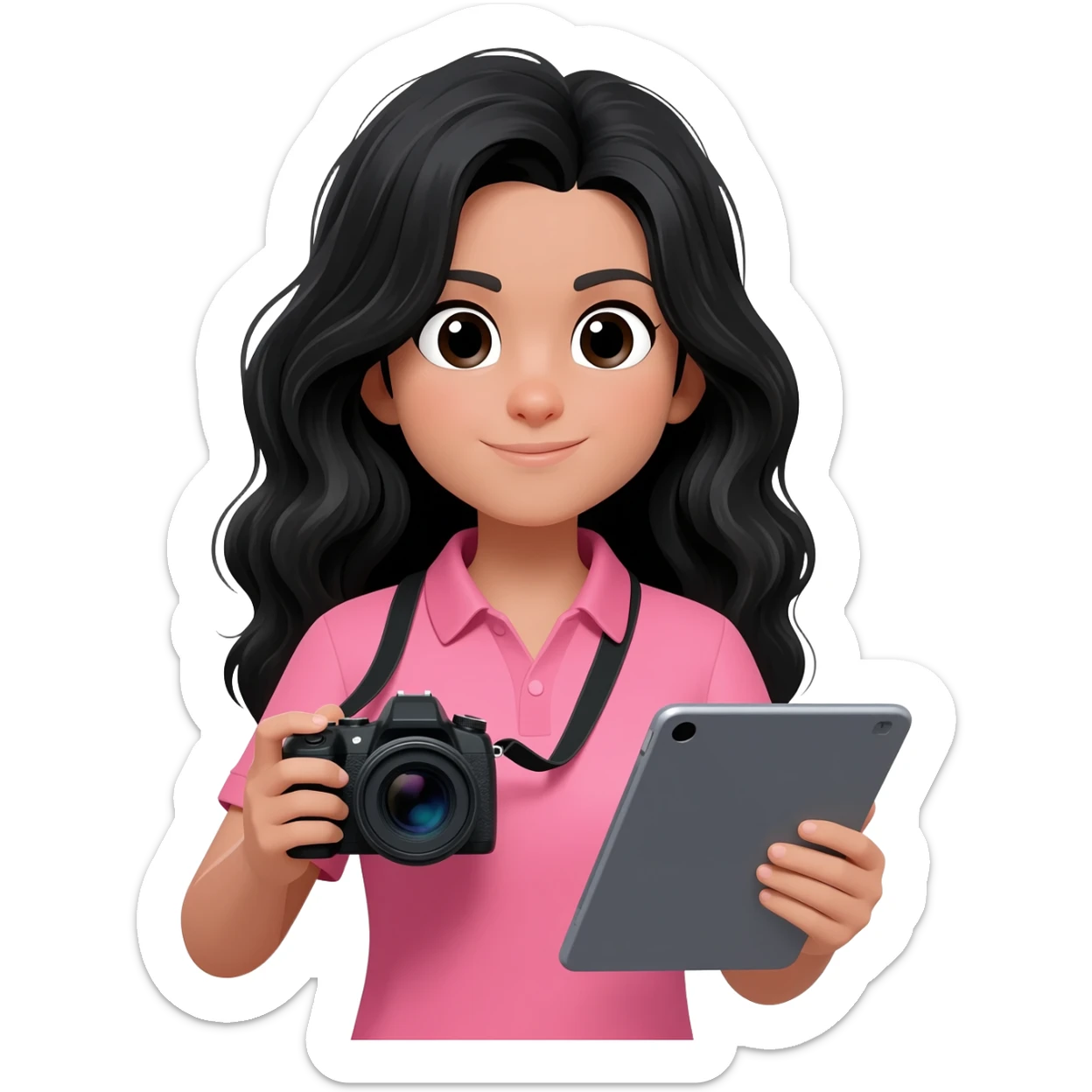 MAKE A CONTENT CREATION GIRL WITH BLACK WAVY AND LONG HAIR, WITH A PINK SHIRT, SHE HAS A CAMERA ON ONE AND AND A TABLET IS ANOTHER, LIKE SHE IS PLANNING SOMETING sticker