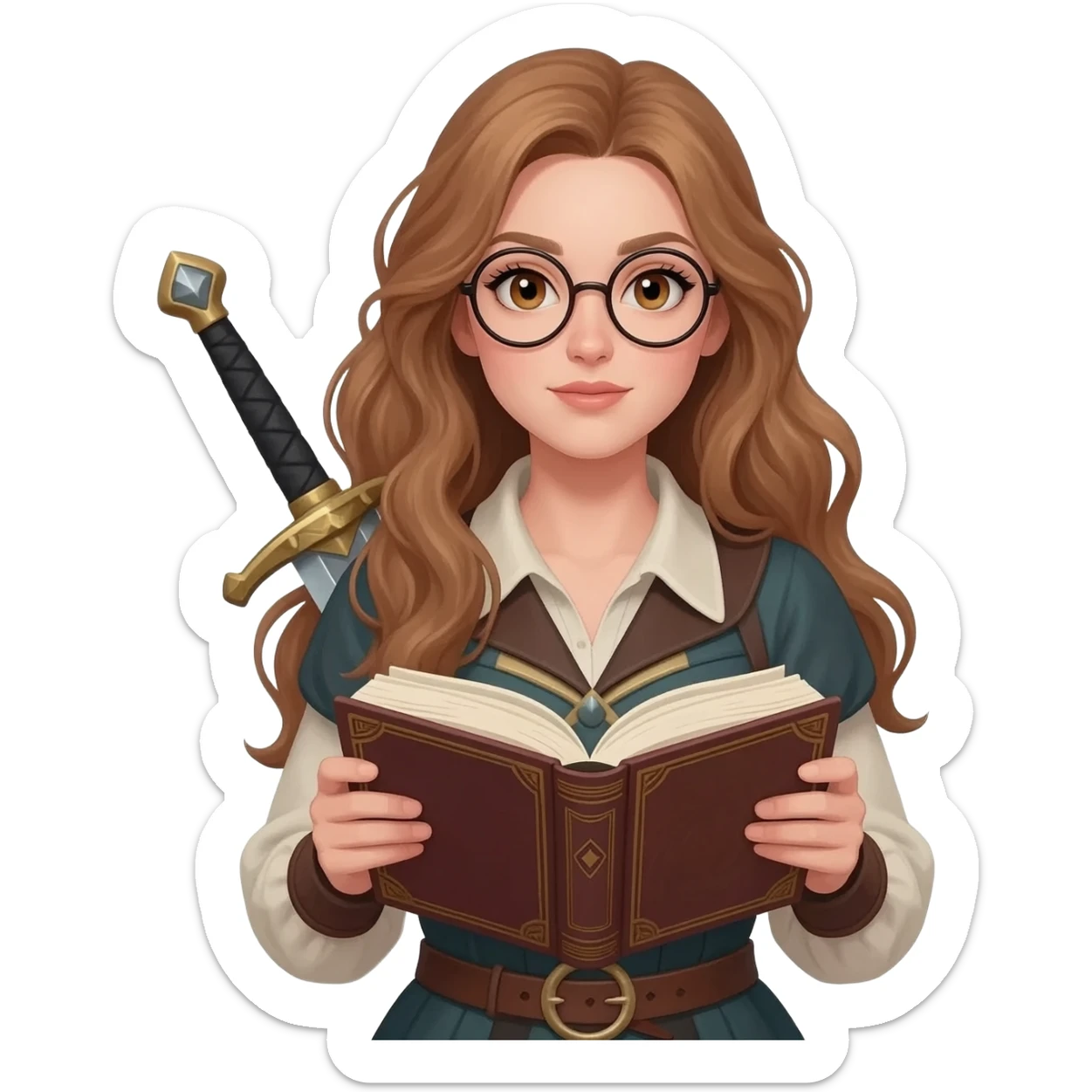 emoji style illustration of a woman with long light brown wavy hair, light brown eyes and round glasses holding an open book, with a sword on her back, fantasy heroine reader aesthetic sticker