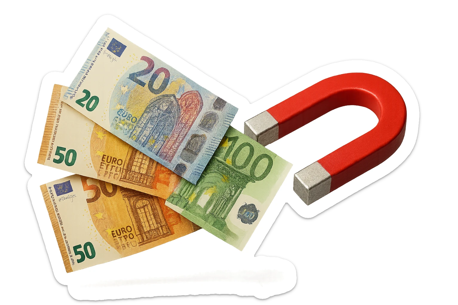 banconote di euro fluttuano vicino ad una calamita rossa, sono attratte, iperrealistico 4k sticker