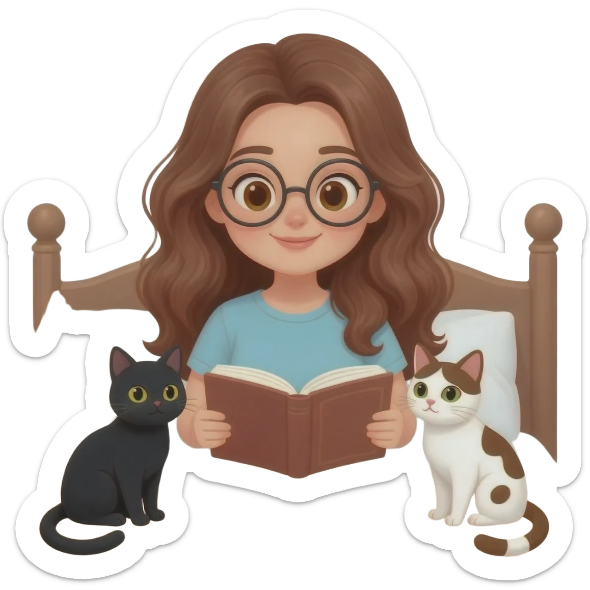 detailed emoji illustration of a curvy woman with long chestnut brown wavy hair, light brown eyes and round glasses sitting on a bed and reading a book, with two cats beside her: one black cat and one white cat with brown spots, cozy bedroom atmosphere, cute emoji style sticker