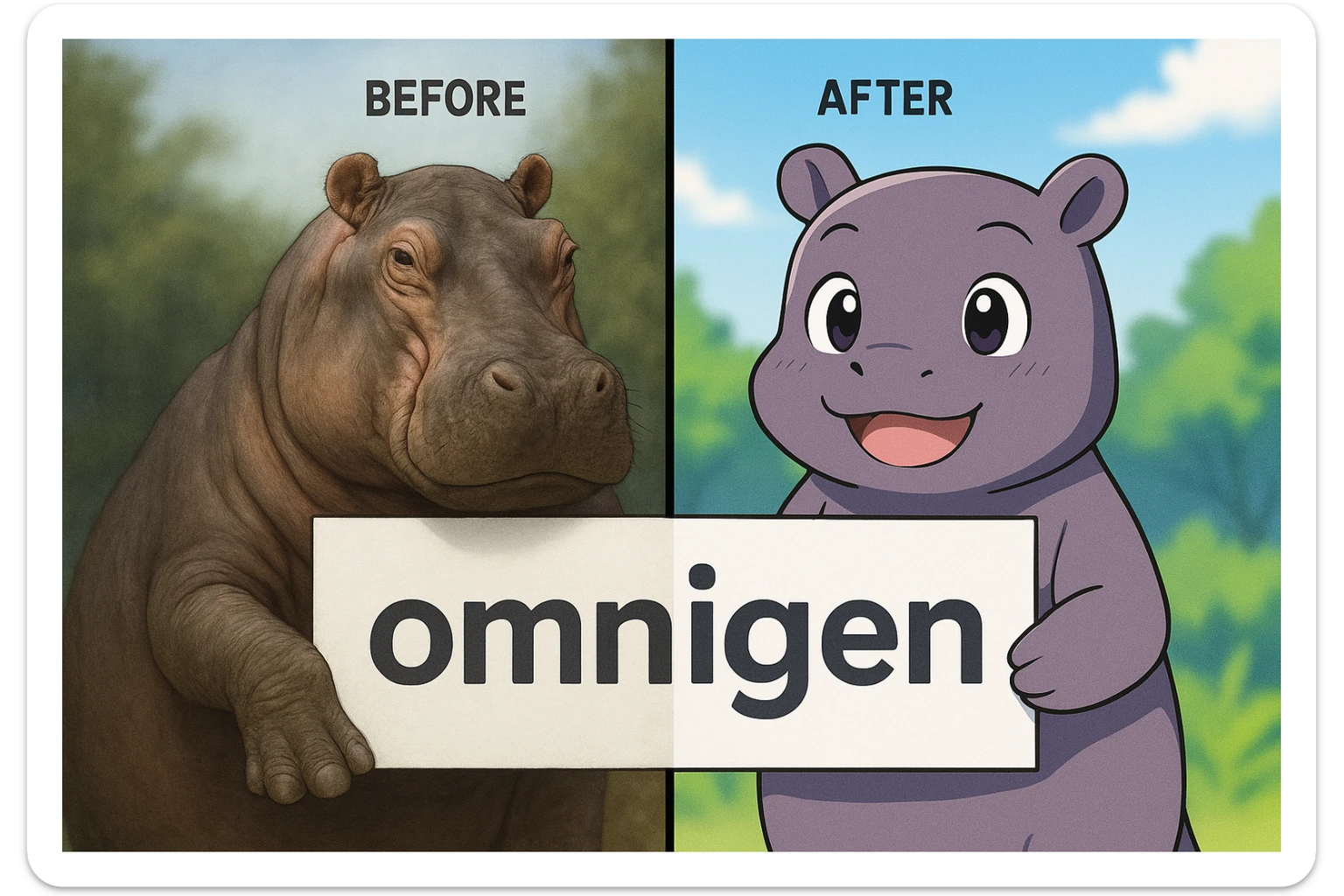 two hippo holding sign of omnigen, half picture 1 hippo is realistic another half is the anime of that same second hippo, with before after mark sticker