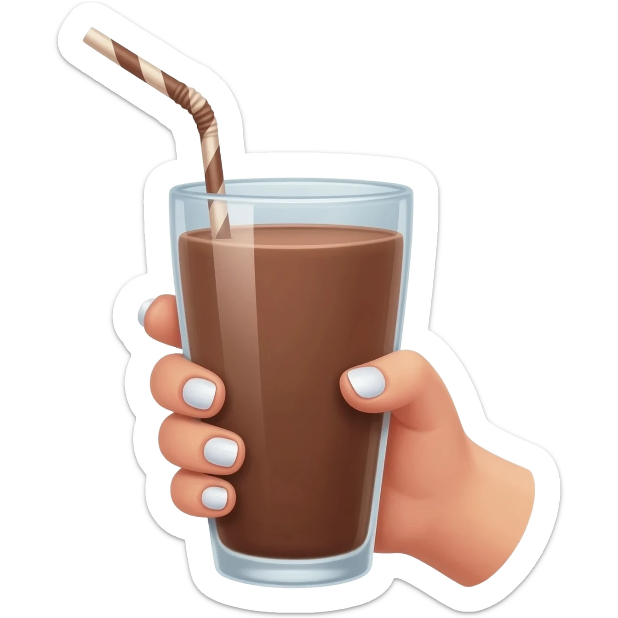 chocolat froid dans un grand verre avec une paille tenue par le bout d’une jolie main de femme avec une belle manucure Style Pinterest réaliste sticker