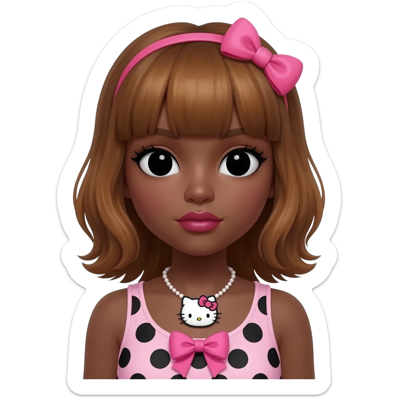 Doll faced shaped, hello kitty necklace, bimbo, black doll eyes, Big lips barbie, dark brown skin with honey brown hair, bimbocore outfit light pink and black polkadots tank top with designed pink bow on it sticker