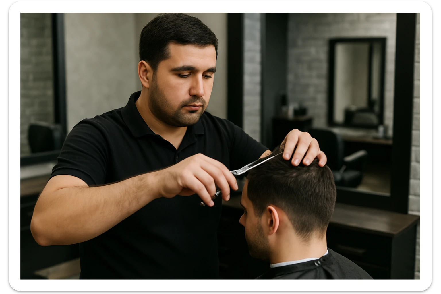 shu odamni sartaroshxonada mijozlarni sochini olayotganin  tasvirlab ber juda yosh ham katta ham bo'lmasin semiz ham bo'lib ketmasin sticker