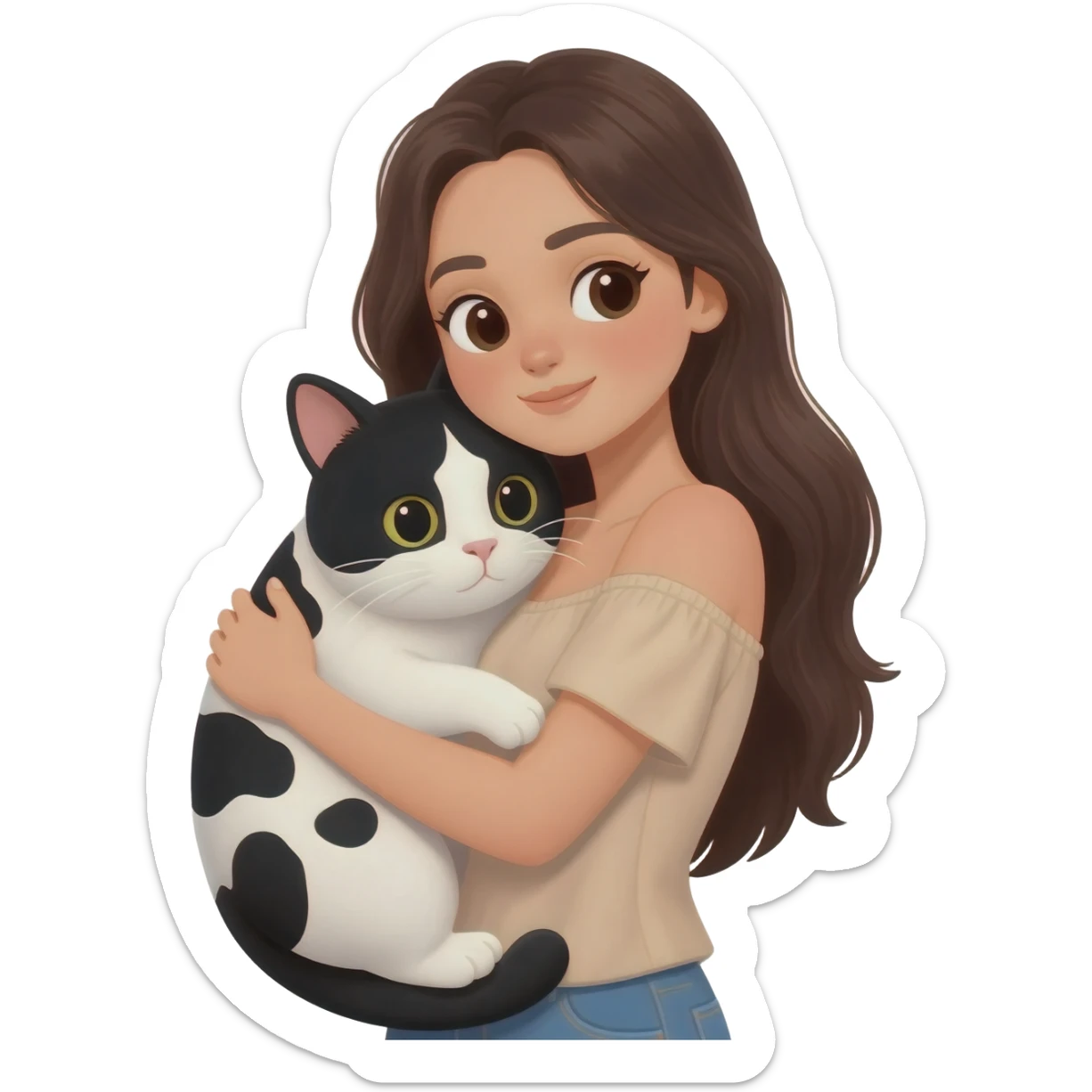A young woman with long dark brown hair, wearing a nude off-shoulder top, hugging a black and white cow-patterned cat, 3D emoji ios style, white background,Turn to face forward. sticker
