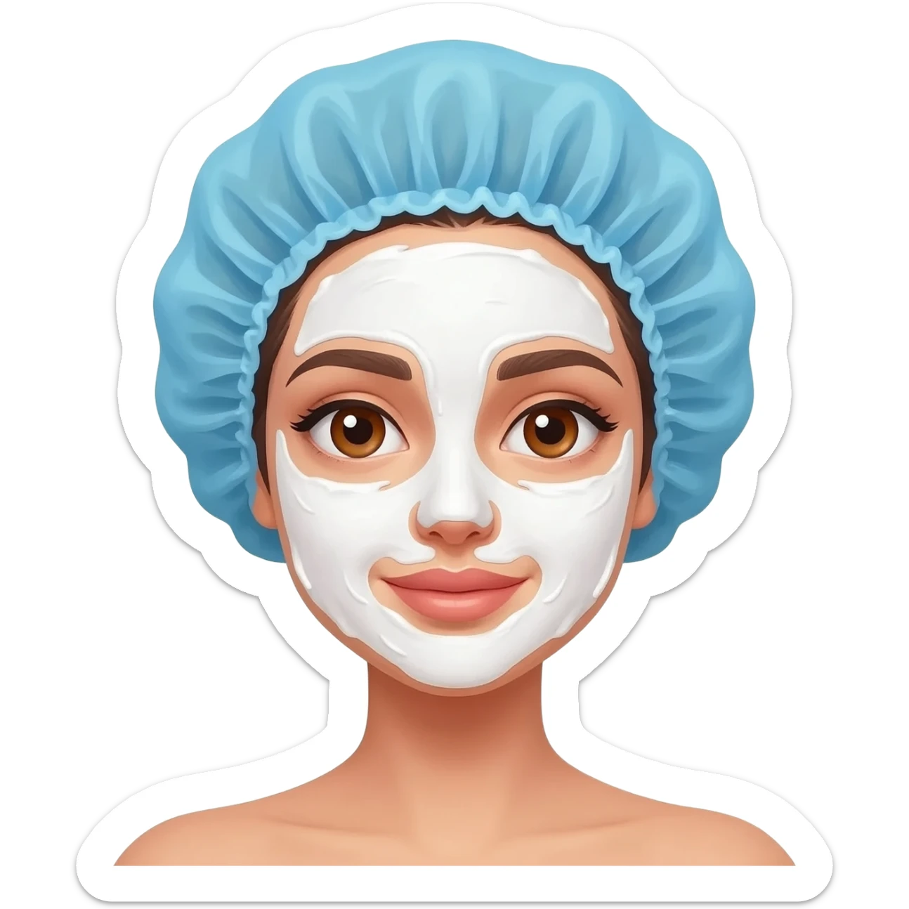 The girl applied a face mask and wore a shower cap on her head. sticker