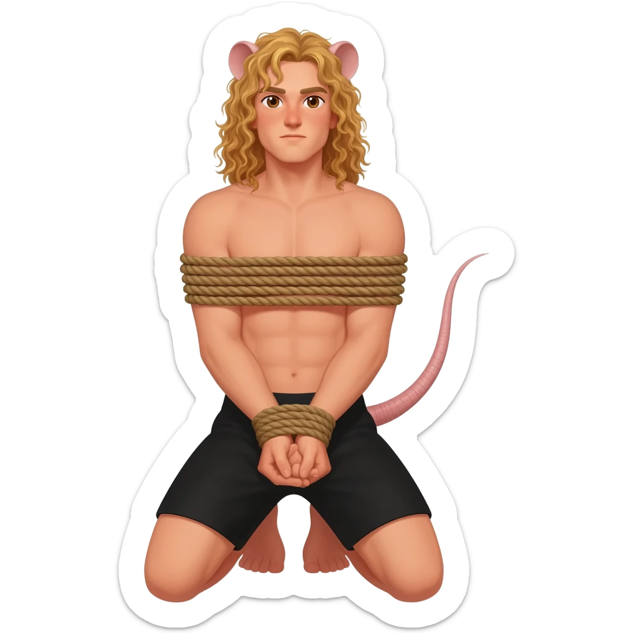 man with brown eyes, curly long blond hair. he has rat tail and rat ears. he dressed in black shorts. he is on his knees. her arms are tied up with ropes sticker
