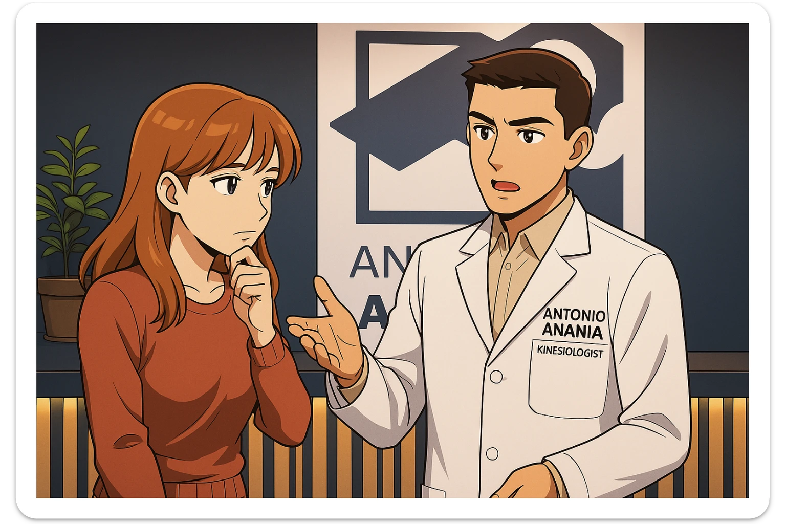 su questo stile fai un manga/webtoon a colori in cui una donna SI TOCCA IL MENTO CON L'INDICE MENTRE ASCOLTA PENSIEROSA L'UOMO, l'uomo della foto in stile manga LE SPIEGA CHE DEVE PROVARE LA SUA VALUTAZIONE MEDICA, mantieni un ambiente simile alla foto che ho allegato con il suo logo (sarebbe il suo studio, lui è un kinesiologo), scrivigli "ANTONIO ANANIA" sul camice bianco, non mettere fumetti, ma fai in modo che sembri che la donna ASCOLTI l'uomo sticker