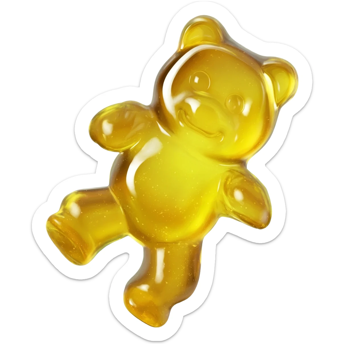 a hyper-realistic 3D rendering of a translucent, glistening gummy bear mid-bounce, its plump body captured in dynamic motion as if frozen in time. The candy's surface refracts light like real gelatin, with sticky highlights gleaming along its curved edges and subtle sugar granules  sticker