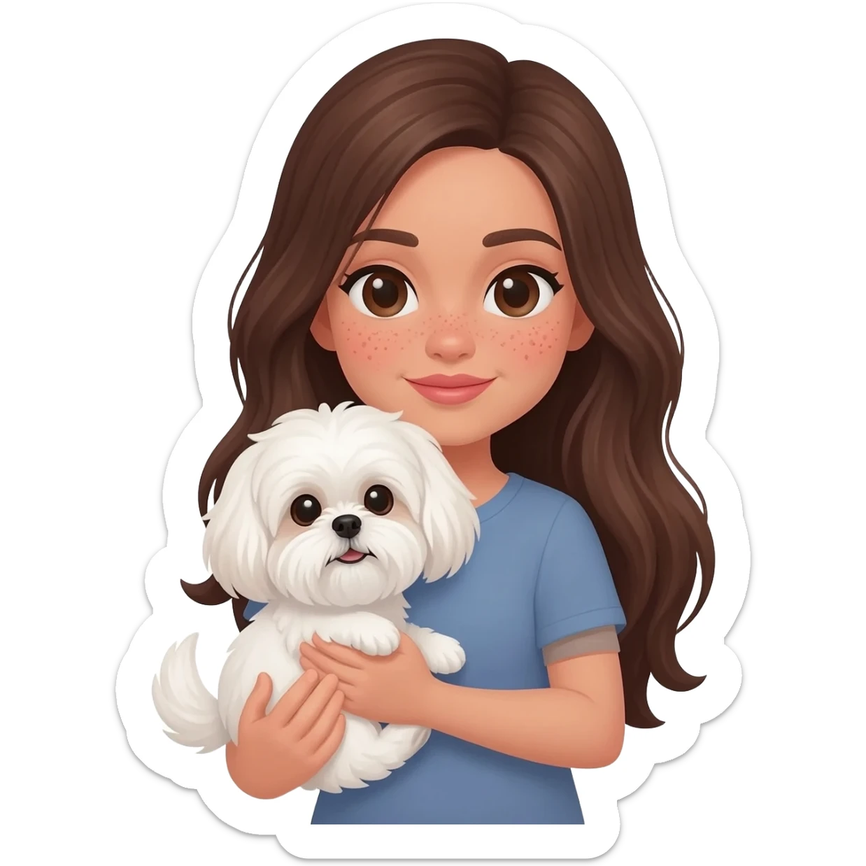 Tan Brunette girl with long hair and beauty spots under her lip and below her eyes, holding white shih tzu sticker
