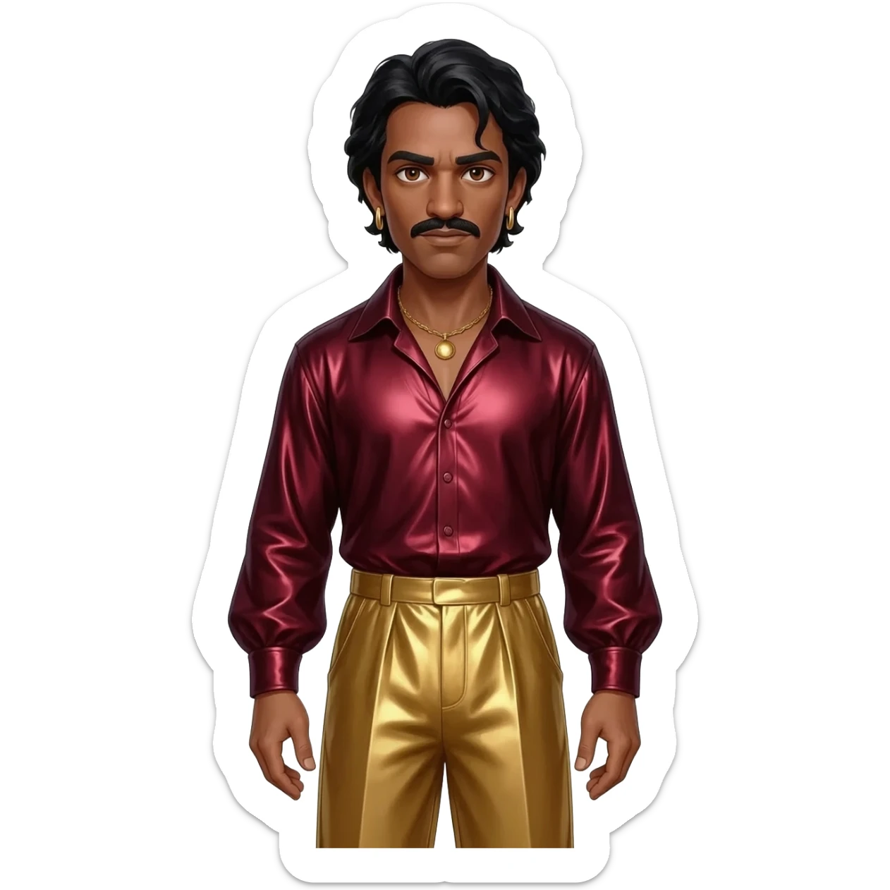 Othello from Othello with dark brown eyes, black hair, dark red metallic shirt, gold metallic baggy pants, gold necklace and earrings sticker