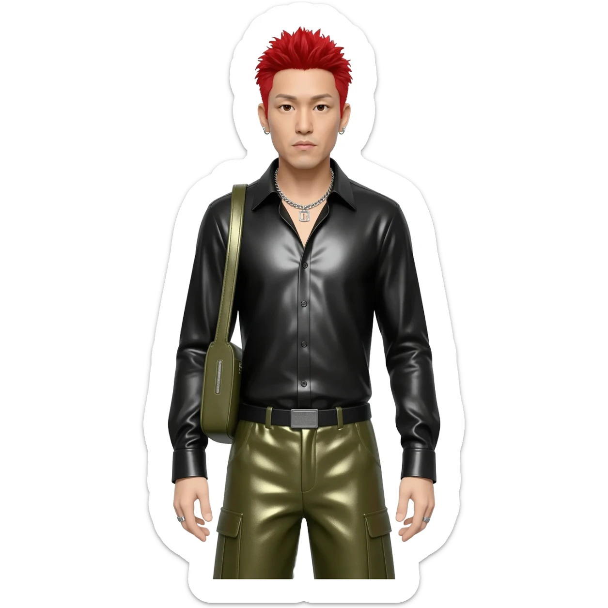 Mike Shinoda with red hair, black metallic shirt, olive metallic baggy pants, silver necklace sticker
