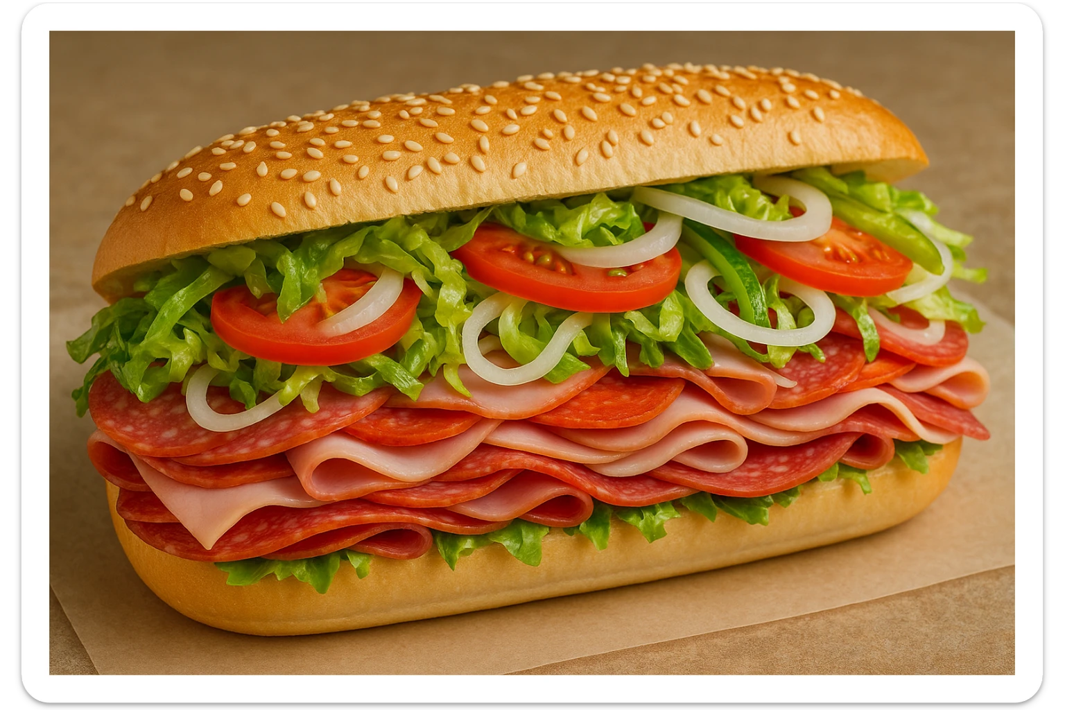 an Italian hoagie sandwich overflowing with meats and veggies, sesame seed bun, bright and inviting sticker