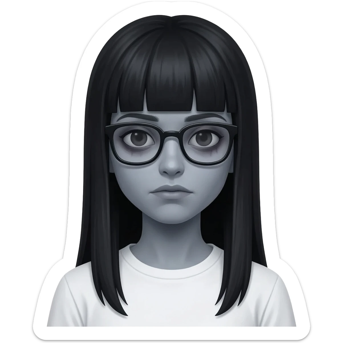 Zombie girl Memoji style, long straight black hair with bangs, grey skin, dark circles under eyes, wearing black glasses, simple white shirt, 3D render." sticker