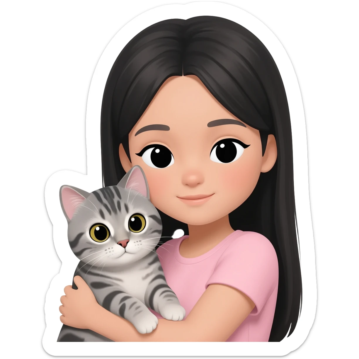 girl with long, straight black hair, beige skin, black eyes, and a pastel pink top, cuddling a grey tabby cat sticker