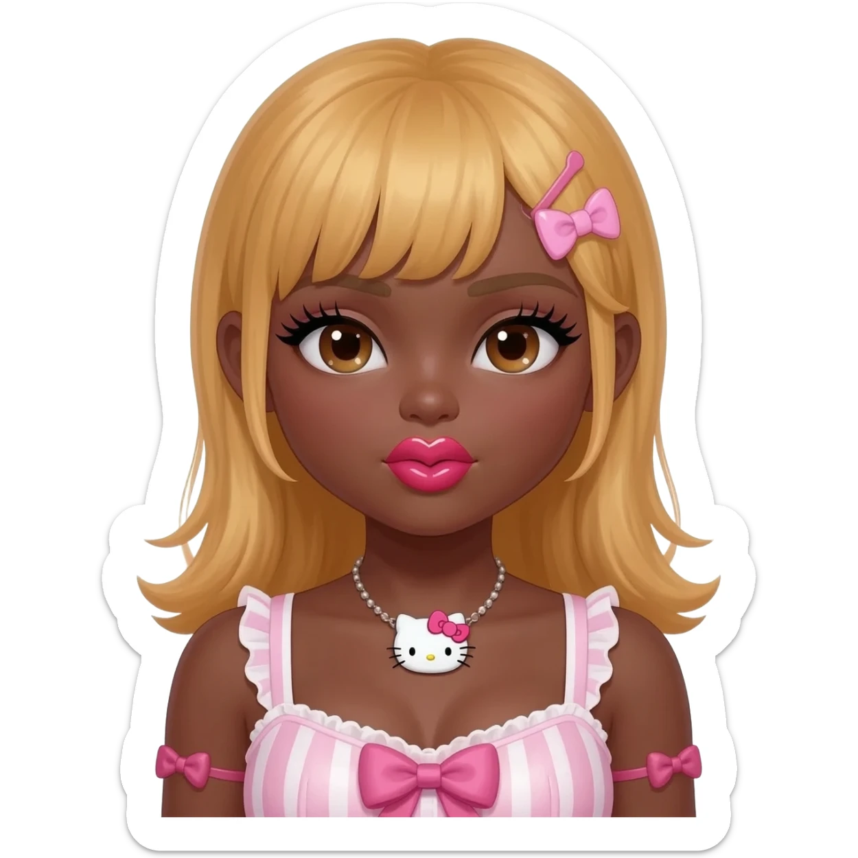 heart shaped lips, cute glossy lips, doll eyes with long lashes, dark brown skin, honey blonde hair, big chest, hello kitty necklace, one bow clip, bimbocore outfit sticker