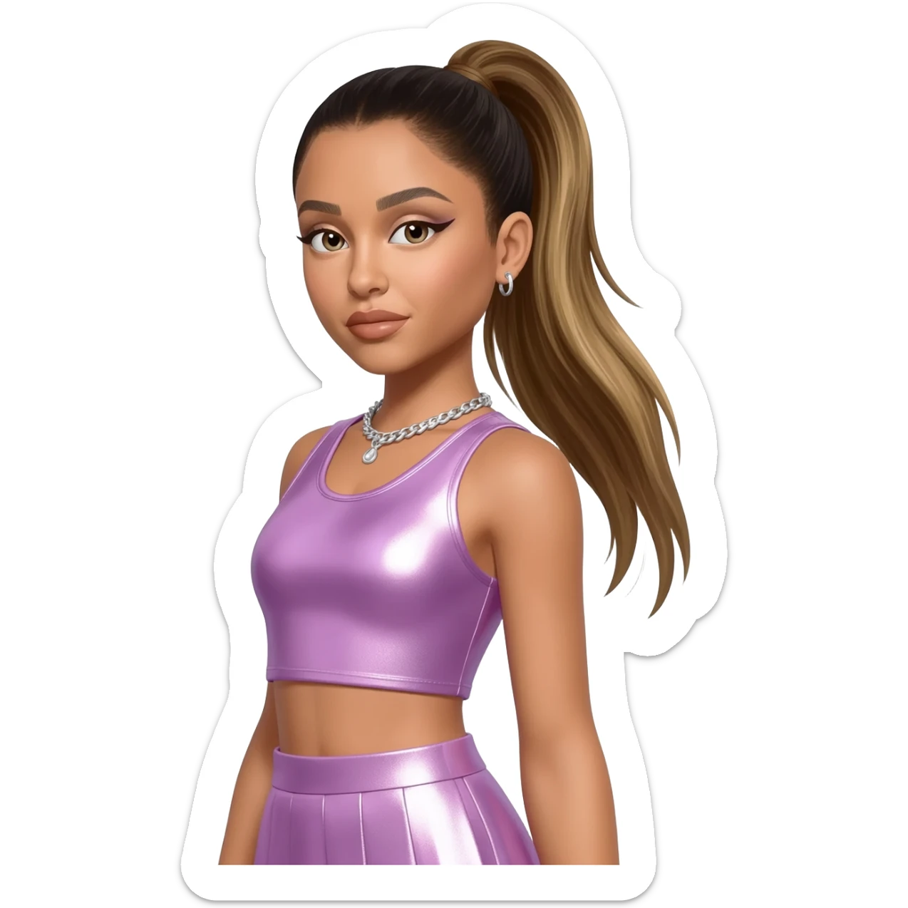 Ariana Grande with dark blonde ponytail hair, lavender pink metallic crop top, lavender pink metallic skirt, silver necklace sticker