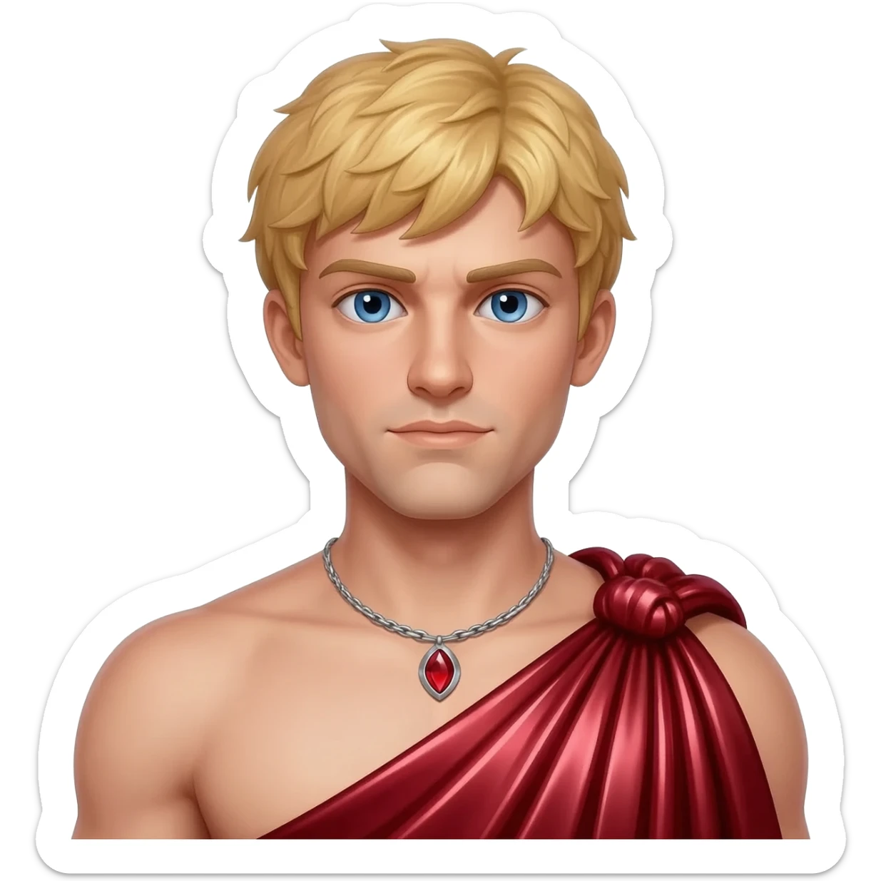Eros from Greek Mythology with blue eyes, blonde hair, ruby red metallic toga, silver necklace sticker