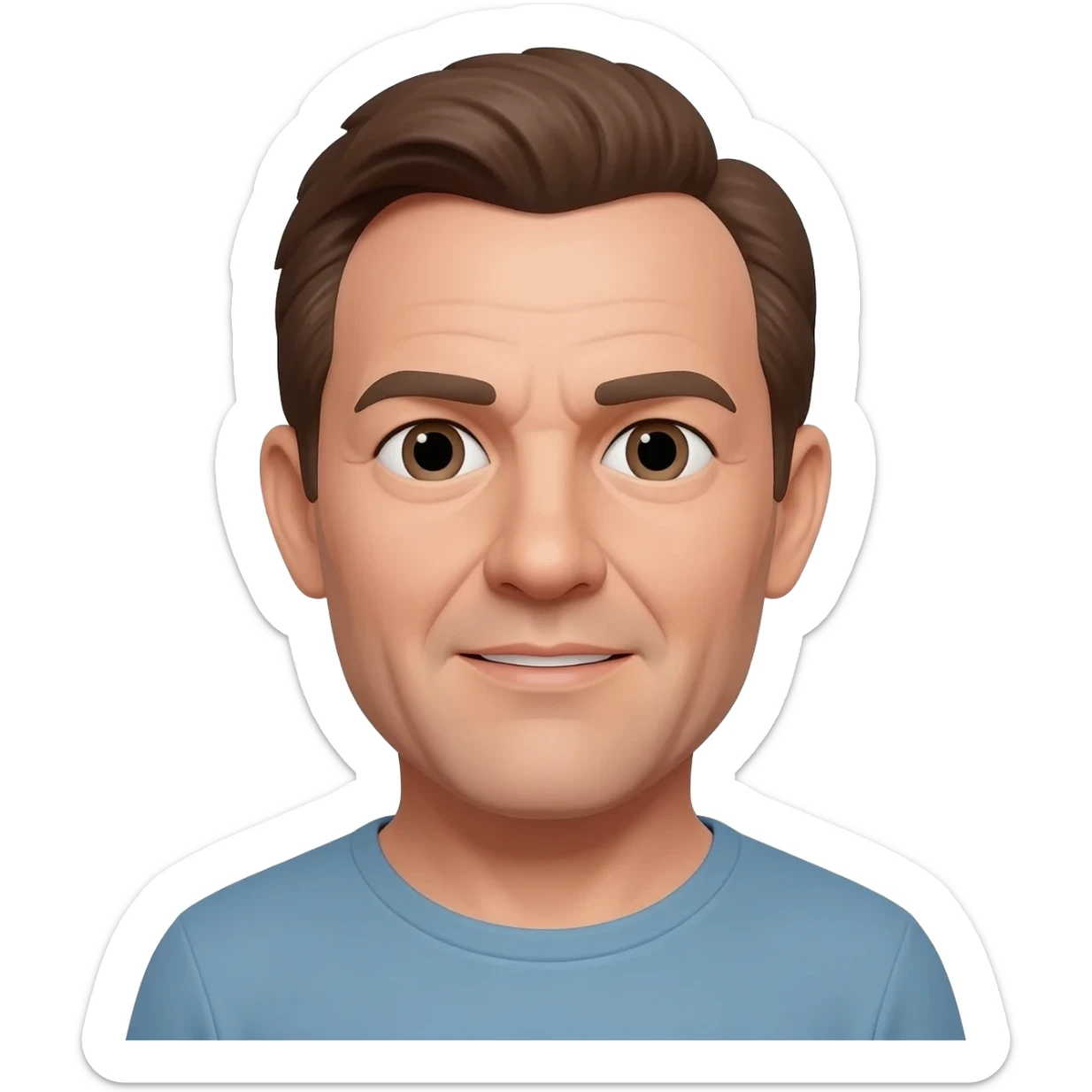 White man with brown hair in his 40’s balding and no mustache or facial. sticker