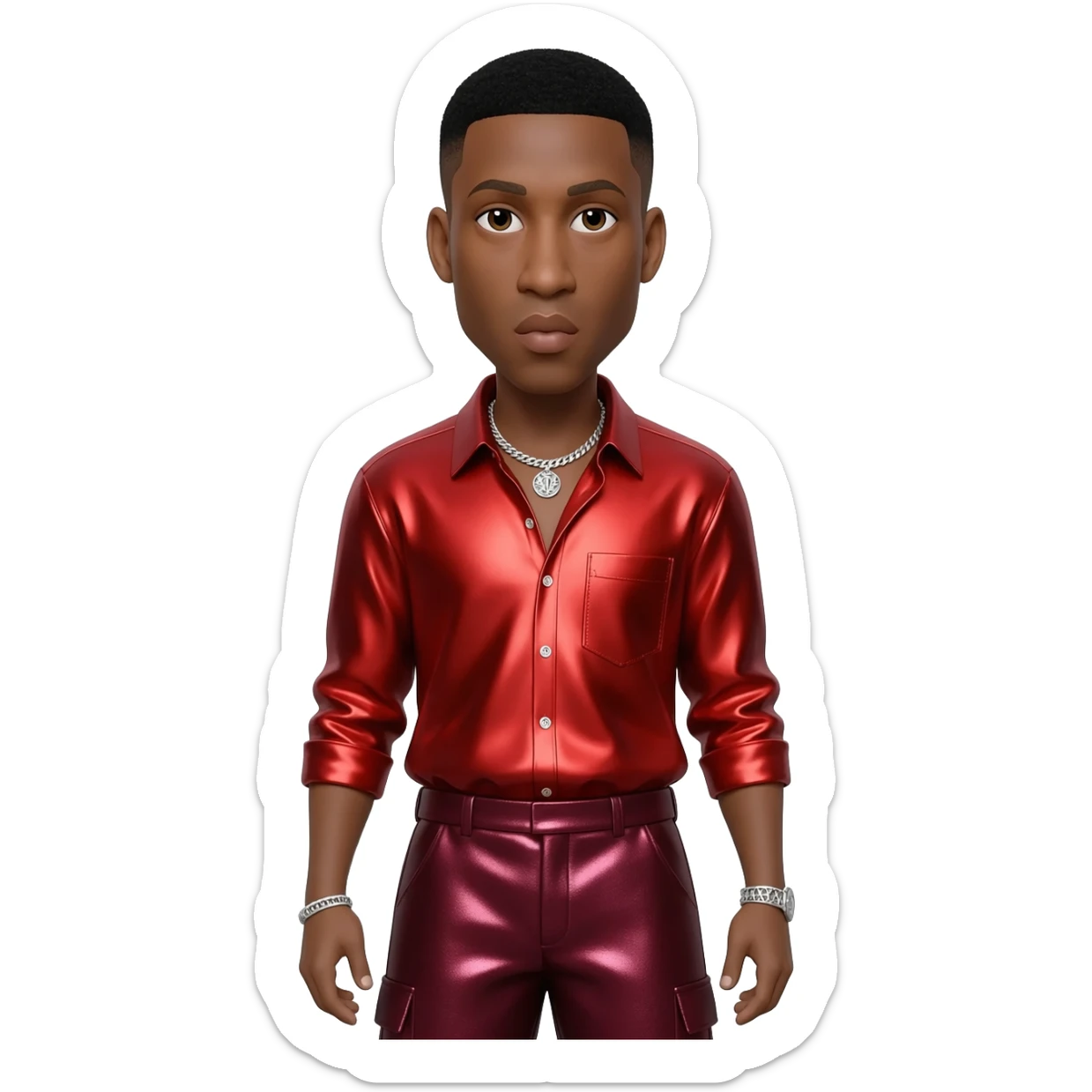 Ginuwine with black short hair, red metallic shirt, burgundy metallic baggy pants, silver necklace sticker
